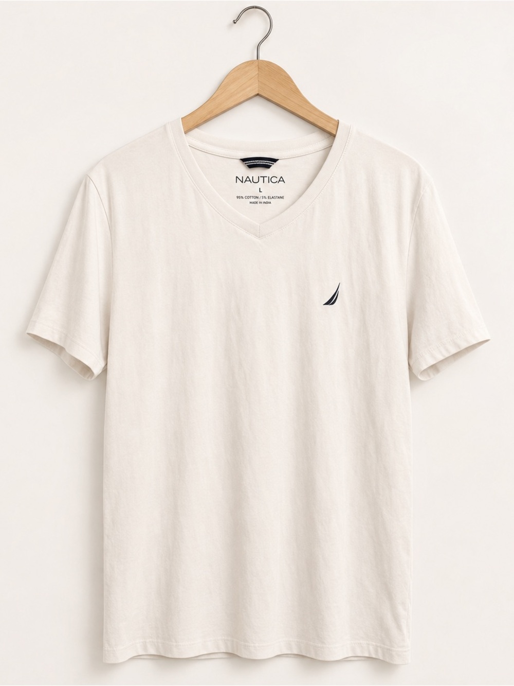 Nautica Men's Cream V-Neck Tee with Navy Sail Logo